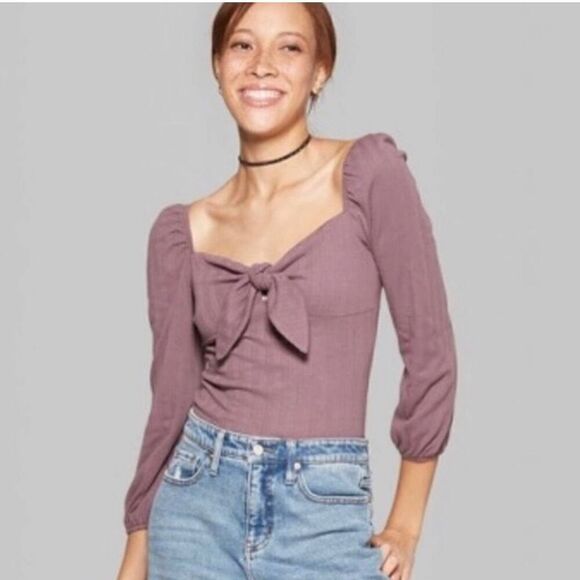 NWT WILD FABLE Puff Sleeve Front Knot Top Plum S Boho - Picture 1 of 6
